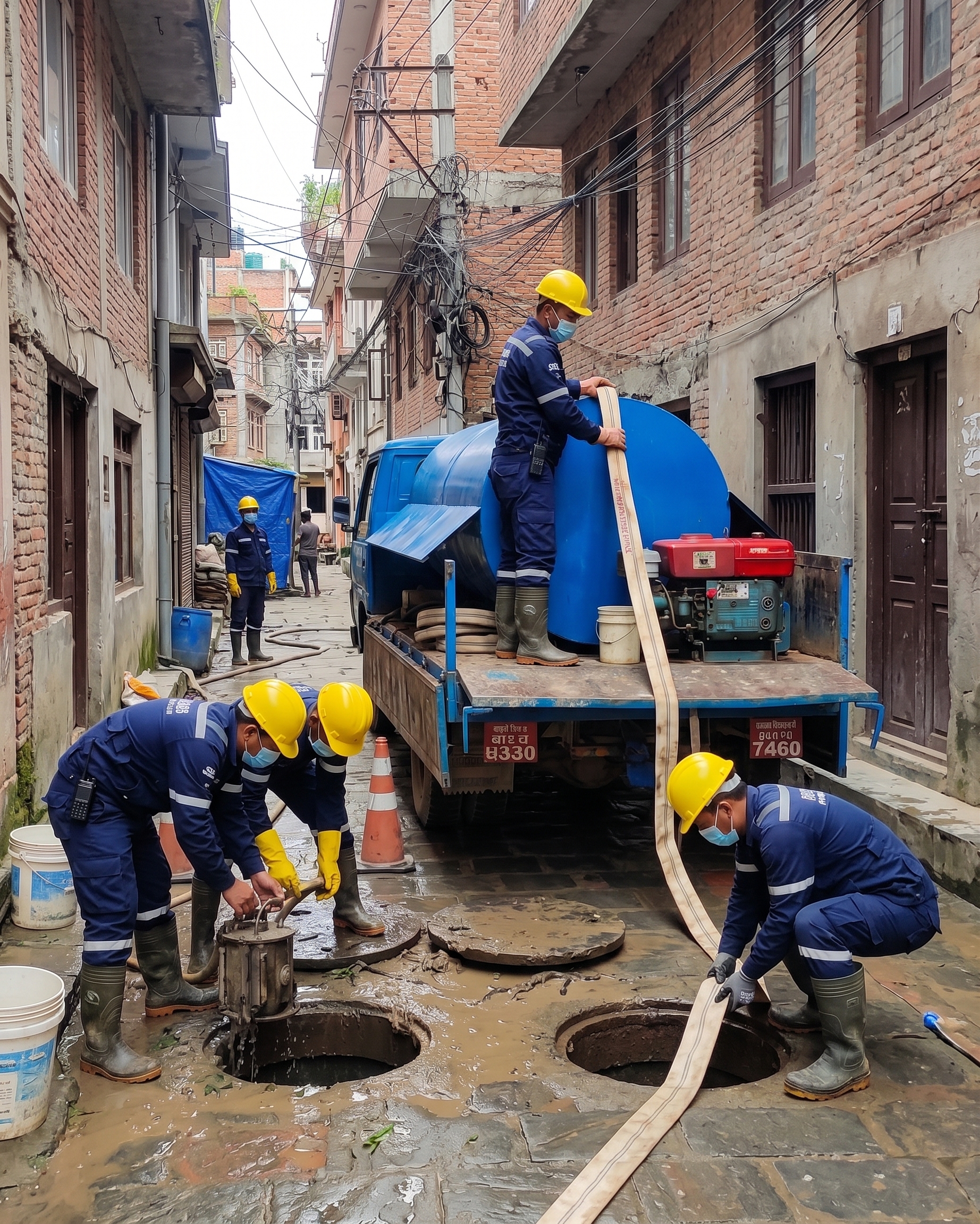 Professional drainage technicians working on drain cleaning in Kathmandu